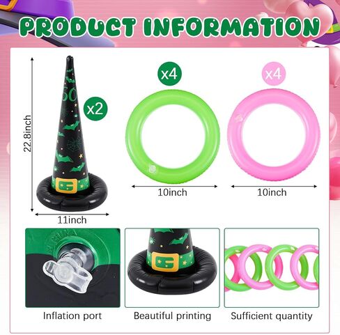 Leitee 10 Pcs Inflatable Witch Hat Ring Toss Set Carnival Pink and Green Inflatable Ring Toss for Witch Themed Birthday Party Decoration Indoors Outdoors in Saudi Arabia