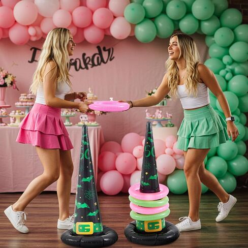 Leitee 10 Pcs Inflatable Witch Hat Ring Toss Set Carnival Pink and Green Inflatable Ring Toss for Witch Themed Birthday Party Decoration Indoors Outdoors in Saudi Arabia