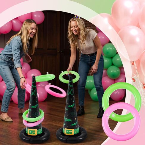Leitee 10 Pcs Inflatable Witch Hat Ring Toss Set Carnival Pink and Green Inflatable Ring Toss for Witch Themed Birthday Party Decoration Indoors Outdoors in Saudi Arabia