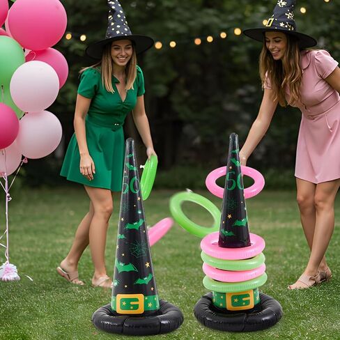 Leitee 10 Pcs Inflatable Witch Hat Ring Toss Set Carnival Pink and Green Inflatable Ring Toss for Witch Themed Birthday Party Decoration Indoors Outdoors in Saudi Arabia