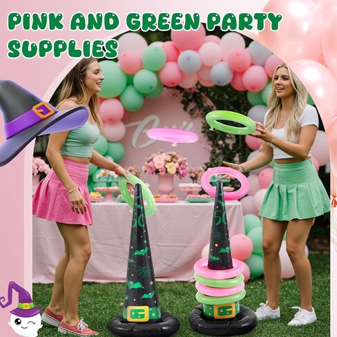 Leitee 10 Pcs Inflatable Witch Hat Ring Toss Set Carnival Pink and Green Inflatable Ring Toss for Witch Themed Birthday Party Decoration Indoors Outdoors in Saudi Arabia
