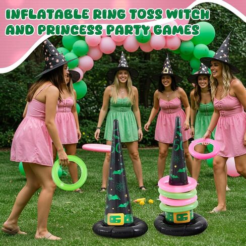 Leitee 10 Pcs Inflatable Witch Hat Ring Toss Set Carnival Pink and Green Inflatable Ring Toss for Witch Themed Birthday Party Decoration Indoors Outdoors in Saudi Arabia