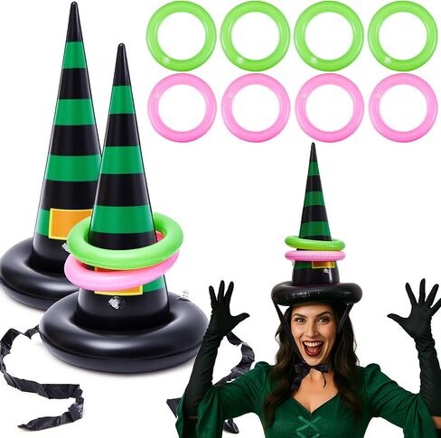 Leitee 10 Pcs Inflatable Witch Hat Ring Toss Set Carnival Pink and Green Inflatable Ring Toss for Witch Themed Birthday Party Decoration Indoors Outdoors in Saudi Arabia