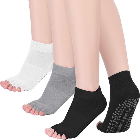 Mepase 3 Pairs Toeless Yoga Socks with Grips for Women Non Slip Split Open Toe Pilates Socks for Stability Workouts, Size 5-9 in Saudi Arabia