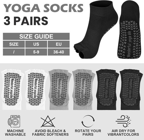 Mepase 3 Pairs Toeless Yoga Socks with Grips for Women Non Slip Split Open Toe Pilates Socks for Stability Workouts, Size 5-9 in Saudi Arabia