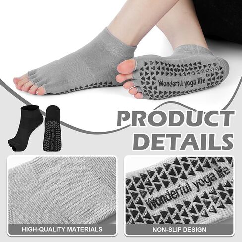 Mepase 3 Pairs Toeless Yoga Socks with Grips for Women Non Slip Split Open Toe Pilates Socks for Stability Workouts, Size 5-9 in Saudi Arabia