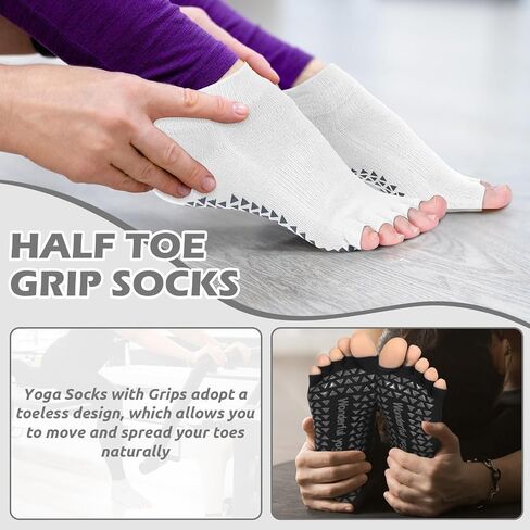 Mepase 3 Pairs Toeless Yoga Socks with Grips for Women Non Slip Split Open Toe Pilates Socks for Stability Workouts, Size 5-9 in Saudi Arabia