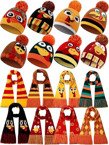 Geyoga 16 Pcs Thanksgiving Knitted Beanie and Scarf Set Fall Warm Turkey Hat Scarf Autumn Gifts for Women, Men, Friendsgiving in Saudi Arabia