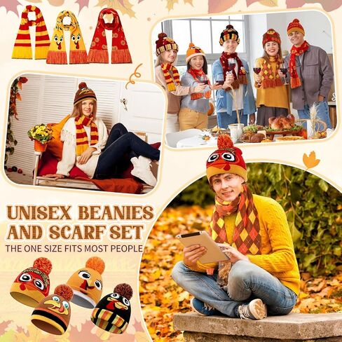 Geyoga 16 Pcs Thanksgiving Knitted Beanie and Scarf Set Fall Warm Turkey Hat Scarf Autumn Gifts for Women, Men, Friendsgiving in Saudi Arabia