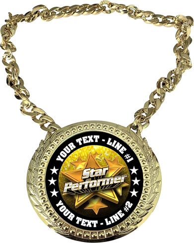 جائزة Express Medals Custom Star Performance Champ Chain مع سطرين من النص المخصص على ميدالية جائزة بلاستيكية صلبة كبيرة وسلسلة عنق ذهبية اللون بطول 86.36 سم. FCL551 in Saudi Arabia