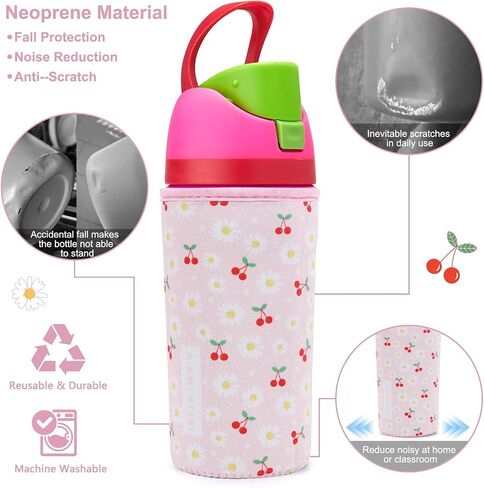كم لطيف لOwala Kids FreeSip 16oz، غطاء سميك من النيوبرين متوافق مع Owala 16oz، غطاء مقاوم للخدش لزجاجة المياه للأولاد والبنات إلى المدرسة (الكرز والأقحوان، 16 أونصة) in Kuwait