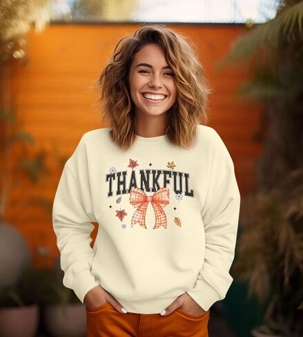 FAYALEQ Thanksgiving Sweatshirts for Women Thanksgiving Bow Graphic Pullovers Fall Holiday Long Sleeve Pullover in Saudi Arabia