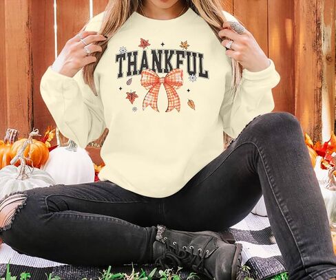 FAYALEQ Thanksgiving Sweatshirts for Women Thanksgiving Bow Graphic Pullovers Fall Holiday Long Sleeve Pullover in Saudi Arabia