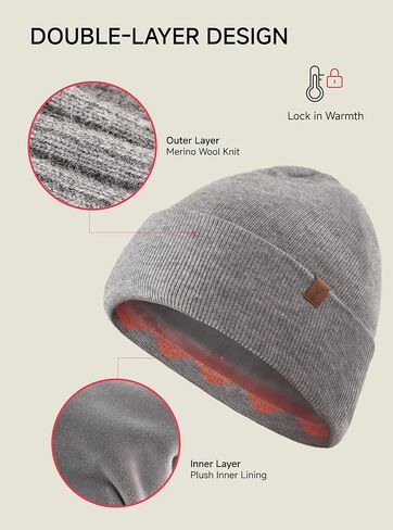 TRENDOUX Winter Merino Wool Beanie: Double-Layer Thick Warm Cuff Knit Beanie for Men Women Slouchy Ski Watch Hat Skull Cap in Kuwait