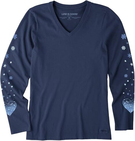 Life is Good. Women's Winter Heart Snowflakes Long Sleeve Crusher Vee, Darkest Blue in Saudi Arabia