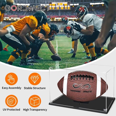 Football Display Case, UV Protected Clear Acrylic Box for Football Fans Collectors, Sports Collectibles, Complete with Black Ball Stand, Ideal for Collectibles and Memorabilia Display in Saudi Arabia