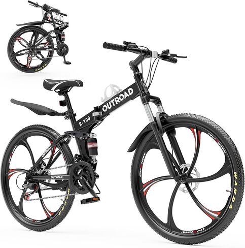 26 Inch Adult Folding Mountain Bike, 21 Speed Foldable Bicycle with Full Suspension, High Carbon Steel Frame, Folding Bikes for Men/Women/Teen, Dual Disc Brake in Saudi Arabia