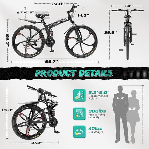 26 Inch Adult Folding Mountain Bike, 21 Speed Foldable Bicycle with Full Suspension, High Carbon Steel Frame, Folding Bikes for Men/Women/Teen, Dual Disc Brake in Saudi Arabia