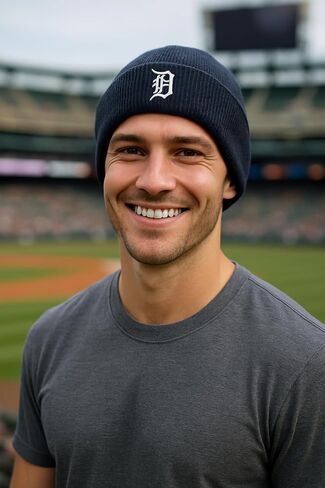 Officially Licensed Detroit Navy Baseball Cuffed Knit Beanie Hat Classic Primary Team Logo Embroidered Cold Weather Blue/White Cap in Saudi Arabia