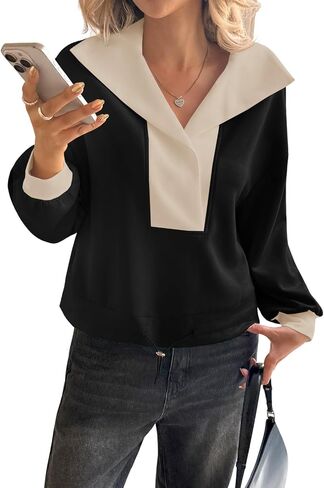 Fisoew Womens Cropped Oversized Sweatshirt Casual Lapel V Neck Long Sleeve Contrast Drawstring Loose Fit Fall Pullover Tops in Saudi Arabia