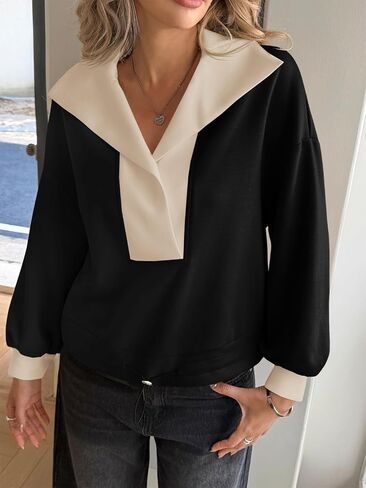 Fisoew Womens Cropped Oversized Sweatshirt Casual Lapel V Neck Long Sleeve Contrast Drawstring Loose Fit Fall Pullover Tops in Saudi Arabia