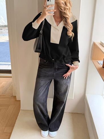 Fisoew Womens Cropped Oversized Sweatshirt Casual Lapel V Neck Long Sleeve Contrast Drawstring Loose Fit Fall Pullover Tops in Saudi Arabia