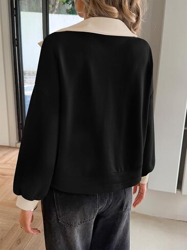 Fisoew Womens Cropped Oversized Sweatshirt Casual Lapel V Neck Long Sleeve Contrast Drawstring Loose Fit Fall Pullover Tops in Saudi Arabia
