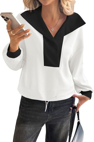 Fisoew Womens Cropped Oversized Sweatshirt Casual Lapel V Neck Long Sleeve Contrast Drawstring Loose Fit Fall Pullover Tops in Saudi Arabia