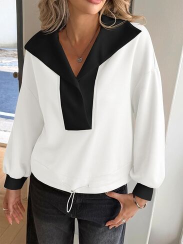 Fisoew Womens Cropped Oversized Sweatshirt Casual Lapel V Neck Long Sleeve Contrast Drawstring Loose Fit Fall Pullover Tops in Saudi Arabia