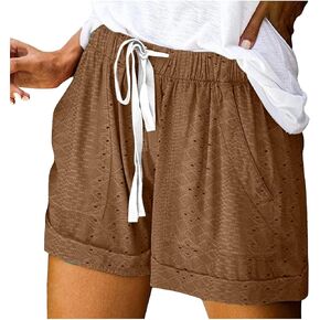 شورت بفتحات للنساء، شورت كاجوال بلون سادة برباط على الخصر، سروال مريح مسامي مع جيوب in Kuwait