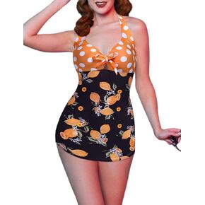 Ekouaer Womens One Piece Swimsuits Vintage Striped Skirt Bathing Suit Vintage Retro Push Up Swimwear Lemon Print 3XL in Kuwait