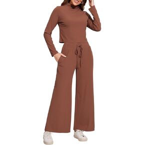 ROYLAMP Women Two Piece Outfits Mock Neck Long Sleeve Knit Crop Top Matching Sets Wide Leg Pants Fall & winter in Kuwait