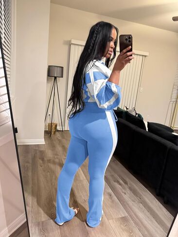 Vssjavun النساء 2 قطعة الزي اللون كتلة طويلة الأكمام البريدي الرباط اقتصاص سترة Bodycon السراويل الطويلة مجموعة جرزاية in Kuwait
