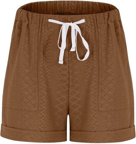 شورت بفتحات للنساء، شورت كاجوال بلون سادة برباط على الخصر، سروال مريح مسامي مع جيوب in Kuwait