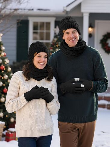 Winter Beanie Hat Scarf Gloves Set Warm Knit Fleece Touchscreen Gloves Neck Scarf Set Adult Winter Gift for Men Women in Saudi Arabia