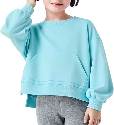 سويت شيرت بناتي بلوفر علوي كبير الحجم برقبة دائرية وقمصان كاجوال بأكمام طويلة مع جيب كانجارو، 5-14 سنة in Kuwait