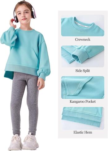 سويت شيرت بناتي بلوفر علوي كبير الحجم برقبة دائرية وقمصان كاجوال بأكمام طويلة مع جيب كانجارو، 5-14 سنة in Kuwait