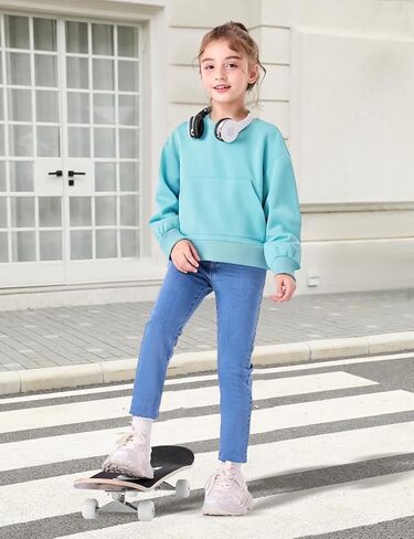 سويت شيرت بناتي بلوفر علوي كبير الحجم برقبة دائرية وقمصان كاجوال بأكمام طويلة مع جيب كانجارو، 5-14 سنة in Kuwait