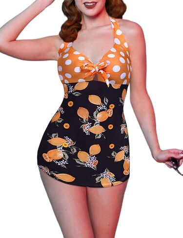Ekouaer Womens One Piece Swimsuits Vintage Striped Skirt Bathing Suit Vintage Retro Push Up Swimwear Lemon Print 3XL in Saudi Arabia