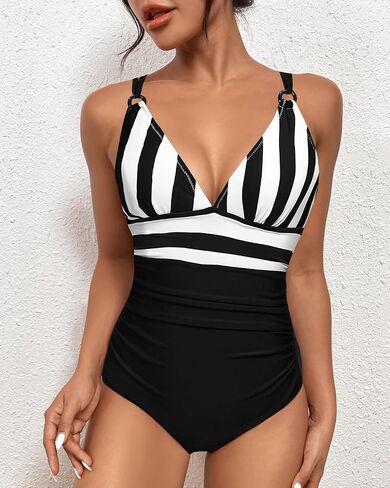 One-Piece Swimsuit Set for Women Ruched Tummy Control Bathing Suit V Neck Swimwear Crisscross Back in Saudi Arabia