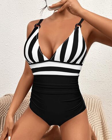 One-Piece Swimsuit Set for Women Ruched Tummy Control Bathing Suit V Neck Swimwear Crisscross Back in Saudi Arabia