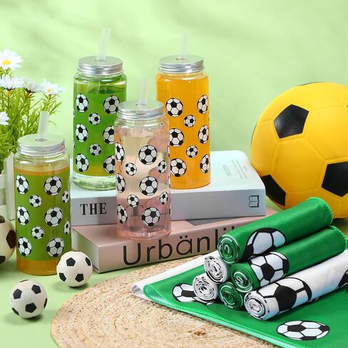 24 Pcs 16.9 Oz Football Plastic Cups Bulk Football Cooling Towel Set Include 12 Footballs Theme Cups with Straw and Lid 12 Footballs Ice Towel for Sport Party Favors Team Gifts in Saudi Arabia