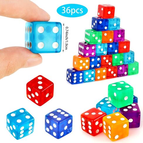 36 Piece 19mm Casino Style Craps Dice Sets Acrylic Translucent D6 Dice Bulk Square Rounded Edge for Casino Craps Table Games and Board Games Party Bar Entertainment in Saudi Arabia
