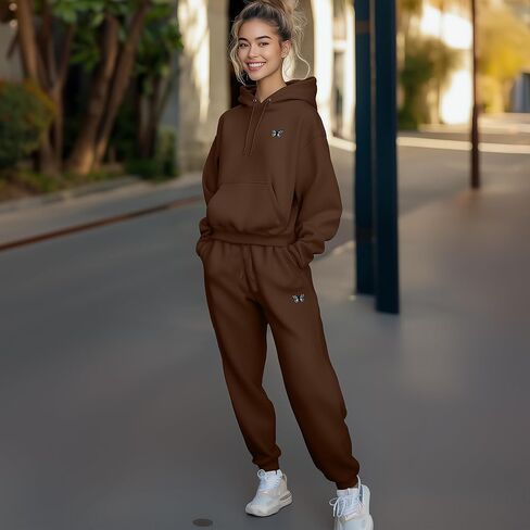 طقم بدلة رياضية مطرزة على شكل فراشة من DALIX، بنطال رياضي بقلنسوة، صوف ناعم، مقاس مريح للنساء in Kuwait