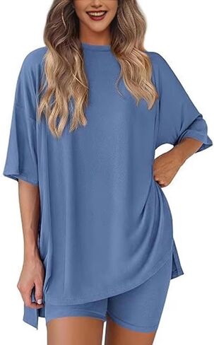 النساء المتضخم تي شيرت 2 قطعة صالة Crewneck تونك القمم مطابقة مجموعات قمصان عادية السفر الزي مريح الأساسية in Kuwait