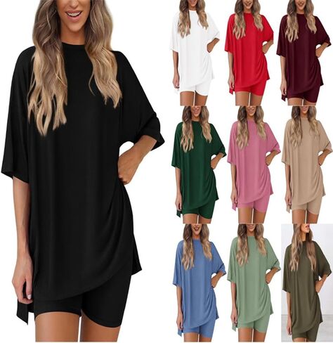 النساء المتضخم تي شيرت 2 قطعة صالة Crewneck تونك القمم مطابقة مجموعات قمصان عادية السفر الزي مريح الأساسية in Kuwait