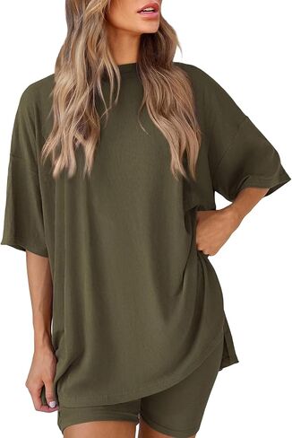 النساء المتضخم تي شيرت 2 قطعة صالة Crewneck تونك القمم مطابقة مجموعات قمصان عادية السفر الزي مريح الأساسية in Kuwait
