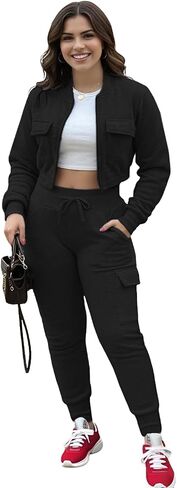 Womens 2 Piece Tracksuit, Ribbed Long Sleeve Crop Top and Jogging Cargo Sets with Pockets in Saudi Arabia