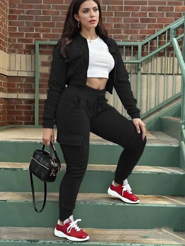 Womens 2 Piece Tracksuit, Ribbed Long Sleeve Crop Top and Jogging Cargo Sets with Pockets in Saudi Arabia