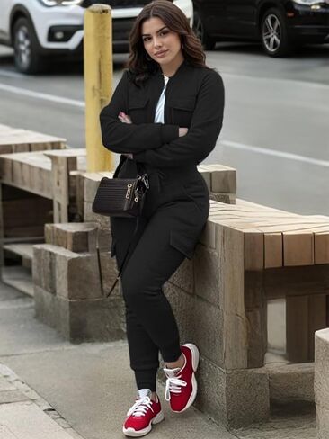 Womens 2 Piece Tracksuit, Ribbed Long Sleeve Crop Top and Jogging Cargo Sets with Pockets in Saudi Arabia